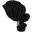 Winter Unisex Adjustable Back Tie 3 Pom Pom Ribbed Knit Slouchy Ski Beanie Black