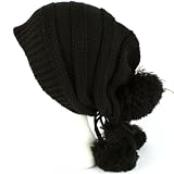 Winter Unisex Adjustable Back Tie 3 Pom Pom Ribbed Knit Slouchy Ski Beanie Black
