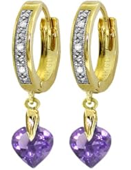14k Gold Hoop Earrings with Genuine Round Diamonds & Heart Amethyst