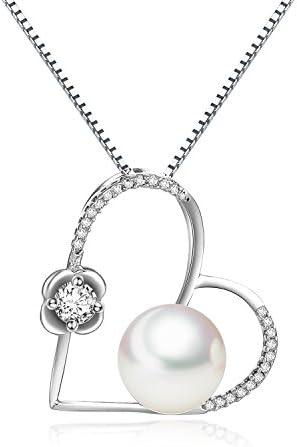 "Mother's Day Gift" Women Girls' Genuine 925 Sterling Silver Heart Charm Pendant and Cultured Fresh Water Pearl CZ Diamond Choker Necklace Parati Jewelry Gift, 18"
