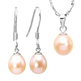 Pearl Essence 7-8mm AAAA Drop Pendant Necklace & Earrings Set in Platinum Overlay CAREFREE Sterling Silver, Peach