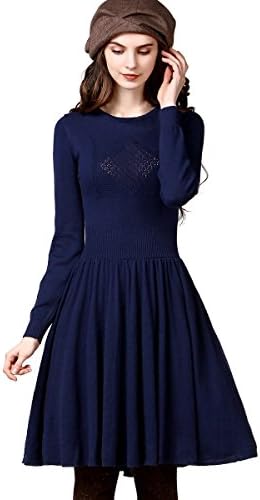 Artka Women's Fall Elegant Vintage Slim Solid Hollow Out Wool Dress,Indigo,L
