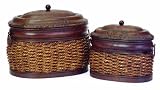 Set of 2 Asian-Inspired Lidded Baskets with Rattan Binding