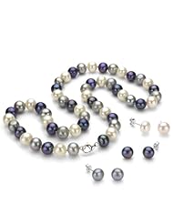 Sterling Silver 8-9mm Multicolor Freshwater Pearl Necklace 18" Length and 3 Pairs Matching Color Stud Earring Set. Pearls is June Birthstones