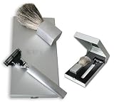 Travel Shaving Shave Set Mach 3 Razor, with Badger Brush,Mirror in Silver Plated Case
