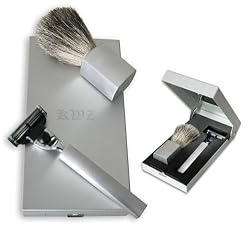 Travel Shaving Shave Set Mach 3 Razor, with Badger Brush,Mirror in Silver Plated Case