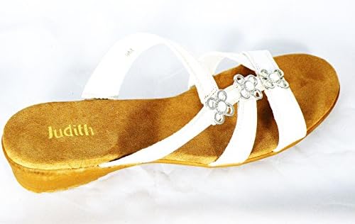 Judith Metal Stone Flower Sandle, White Padded Foot Bed, 1" Heel, Non-Slip Sole