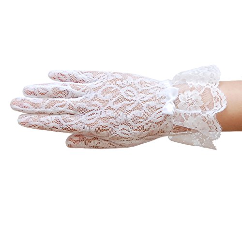 Stretch floral lace gloves for girl with lace ruffle trim Wrist Length 2BL