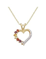 18k Yellow Gold Plated Sterling Silver Multi-Gemstone and Diamond Heart Pendant Necklace, 18"