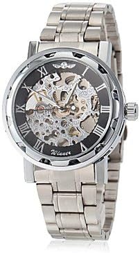 Watch Magasin Men's Elegant Skeleton Hollow Dial Silver Steel Band Mechanical Hand Wind Wrist Watch (Assorted Colors)