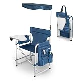 Picnic Time Sports Chair Deluxe Aluminum Chair w/ Fold-Out Table, Ins. Drink Holder, Pockets, And Shade Canopy (Navy)