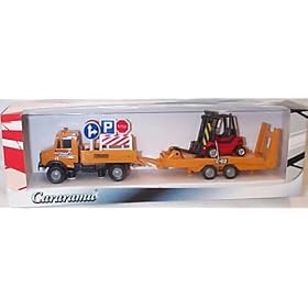 Cararama Yellow Work Truck with signs Trailer and Forklift 1.87 scale toy model