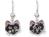 Black Cat Face Dangle Sterling Silver & Enamel Earrings