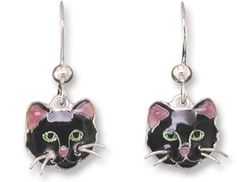 Black Cat Face Dangle Sterling Silver & Enamel Earrings