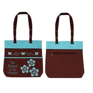 Inspirational Brown and Aqua Water Repellant Tote - Too Blessed To Be Stressed