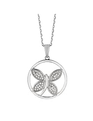 Silver Rhodium Plated Polish 18" 1.1mm Cable Chain Link And Lobster Clasp With 22mm Butterfly In Ring Pendant With Clear And Micropave Cubic Zirconia