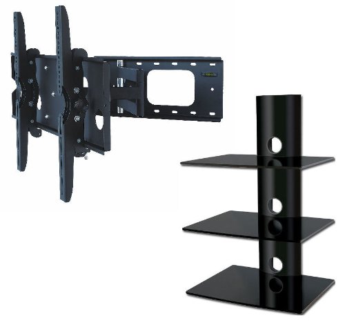 Buy PROMOUNT PACKAGE DEAL! Three SHELVES Wall Mount for AUDIO VIDEO Equipment-BLACK Glass Black Tube + Universal SWIVEL / TILT Bracket with EXTENSION ARM for ALL TV Brands 37 40 42 46 47 50 52 54 55 58 60 inch TV Screen Promo Offer