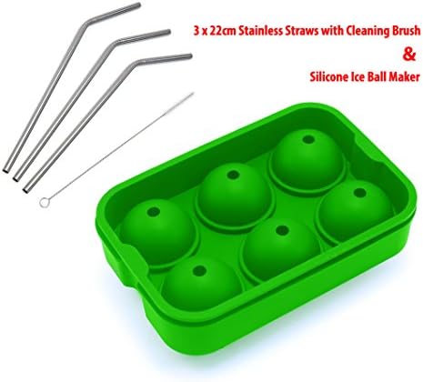 Royal Homeware Silicone Ice Ball Maker & 3 Stainless Straws with Cleaning Brush - Premium Green Flexible Silicone Tray - Molds 6 X 1.8" Round Ice Spheres - Bundle