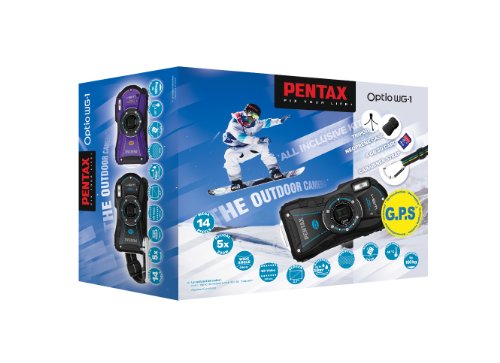 Pentax Optio WG-1 GPS Digitalkamera (14 Megapixel, 5-fach opt. Zoom, 6,9 cm (2,7 Zoll) Display, bildstabilisiert) Kit inkl. Tasche, 4GB SD-Karte, Stativ schwarz