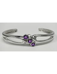A Large Sterling Silver 3 Stone Cuff Bracelet Accented with Genuine Faceted Amethyst