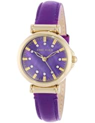 Anne Klein Womens AK/1458PMPR Genuine Leather Gold-Tone Swarovski Elements Purple Strap Watch