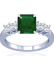 14K White Gold Emerald Cut Emerald Ring With Sidestones