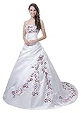 Faironly M56 Red Embroidery White Wedding Dress (XXL)