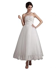 A-line Strapless Beaded Applique Lace  Sequined Short Tea Length Wedding Dress  With Ruffles