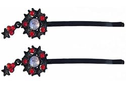 Hair Clip - H88 - Bobby Pin Style - Circle and Stars ~ 2-1/2" Long - Black Metal - Siam Red and Iridescent Crystals - 2 Pc Set