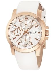 Kenneth Cole New York Womens KC2695 Chronograph Rose Gold Tone Bezel White Leather Strap Watch