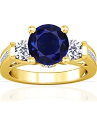 18K Yellow Gold Round Cut Blue Sapphire Ring With Sidestones