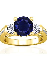 14K Yellow Gold Round Cut Blue Sapphire Ring With Sidestones