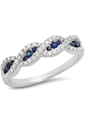 10K Gold Round Blue Sapphire & White Diamond Ladies Bridal Stackable Anniversary Wedding Band Swirl Ring