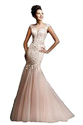 Backless Sheer Applique Lace Tulle Mermaid Wedding Dress 