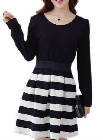 - eriira - 2015 春 ボーダー柄 ウエスト切り替え ドッキングワンピース / モノトーン ラウンドネック