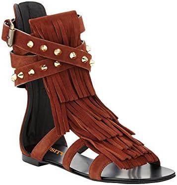 JUSITY Women's LYiambik Summer Chestnut Ankle Wrap Casual Shoes Flat Heel Zipper Tassel Rivet Decoration Big Size Sandals 13 M US