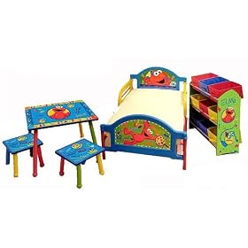 SESAME STREET ELMO ROOM IN BOX 5 pc. SET INCLUDES; BED, TOY ORGANIZER TABLE AND 2 CHAIRS,... by Monkey Business