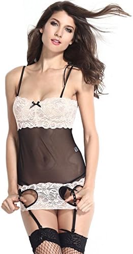 Women's Sexy Sheer Mesh Floral Lace Cut Out Chemise Lingerie with Garter (Xxl, Pink)