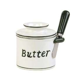 Butter Bell Bistro Crock with Matching Spreader, White with Green Trim and Green Spreader by Butter Bell