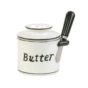 Butter Bell Bistro Crock with Matching Spreader, White with Green Trim and Green Spreader by Butter Bell