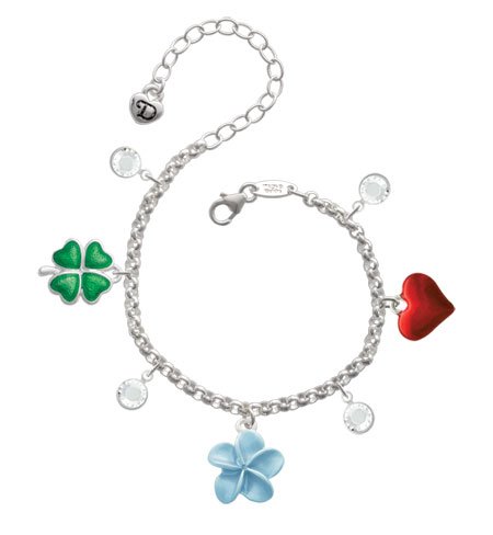 Pearl Blue Plumeria Flower Love & Luck Charm Bracelet with Clear Swarovski Cr...