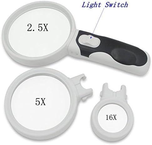 Kristen Nilson®Illuminated LED Handheld Magnifying Glass Set - 2.5X 5X and 16X (stronger than 10X) Magnification Power - Magnifier For Senior Reading, Hobbies And Crafts and Jewelry Loupe