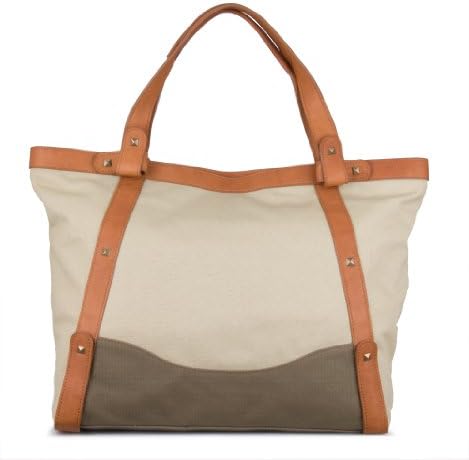 Designer Neutrals Canvas and Leather Tote Bag, Large, Beige and Brown