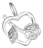 STERLING SILVER DIAMOND CUT OPEN HEART WITH ROSE PENDANT