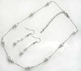 Bright White Pearl and Small Clear Crystal Necklace/Earring SET on Silver - Bridal Jewelry