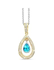 Twin Pear Shaped Diamond Pendant In 18K Yellow Gold With A 1.00 ct. Genuine Blue Topaz Center Stone.