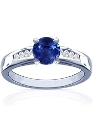 14K White Gold Round Cut Blue Sapphire Ring With Sidestones