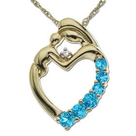 14k Yellow Gold Blue Topaz and Diamond Mother Holding Child Pendant, 18