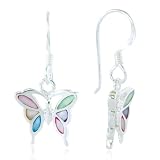 Sterling Silver Multi-Colored Mother of Pearl Shell Butterfly Dangle Earrings