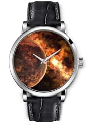 SPRAWL Aanalog Fashion Series Silver Ladies Watches of Genuine Black Leather Strap,Unique Wrist Watch for Women Girls Designed with planets